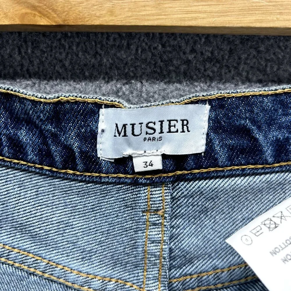 MUSIER Paris Jeans Shorts Womens 2 Blue High Rise Button fly Raw Hem Janet Denim